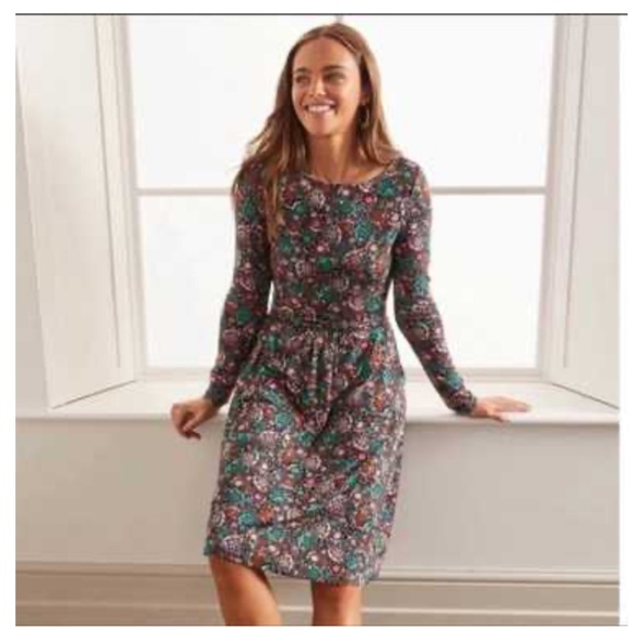 Boden Abigail Dress 8 Long Sleeve Leaf Print Stretch Jersey Pockets Thanksgiving - Picture 1 of 14